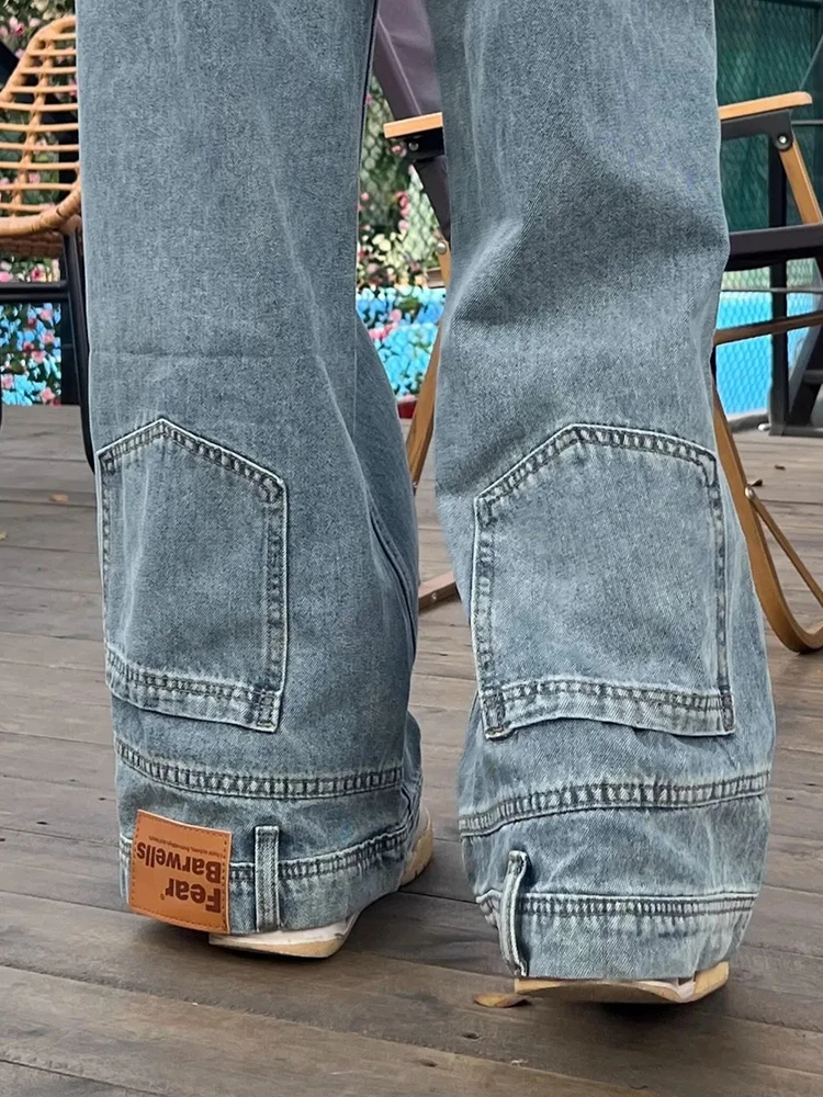 레트로 스트레이트 레그 청바지 하이 웨스트 포켓 지퍼 블루 데님 바지 캐주얼 루즈 한국 패션 2025 New Girls Trousers 여성