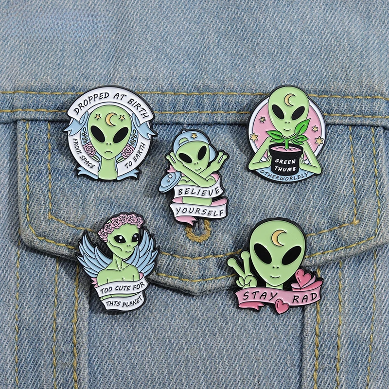 Believe Yourself Enamel Pins Dropped At Birth Cute Planet Alien Quotative Brooches Lapel Badges Funny Jewelry Gift Wholesale