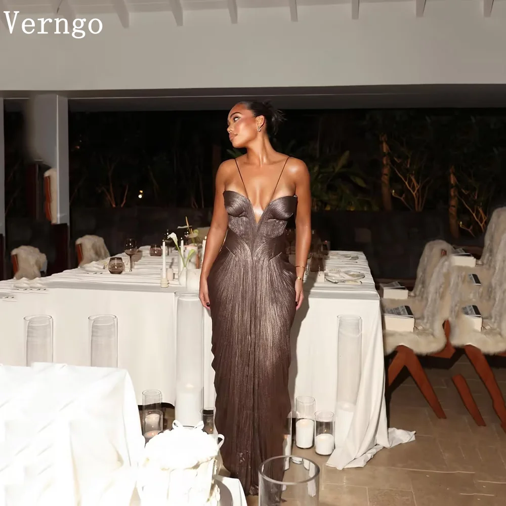 

Verngo Shiny Brown Satin Evening Dress Halter Mermaid Pleated Formal Occasion Dress Modern Prom Gowns Customized