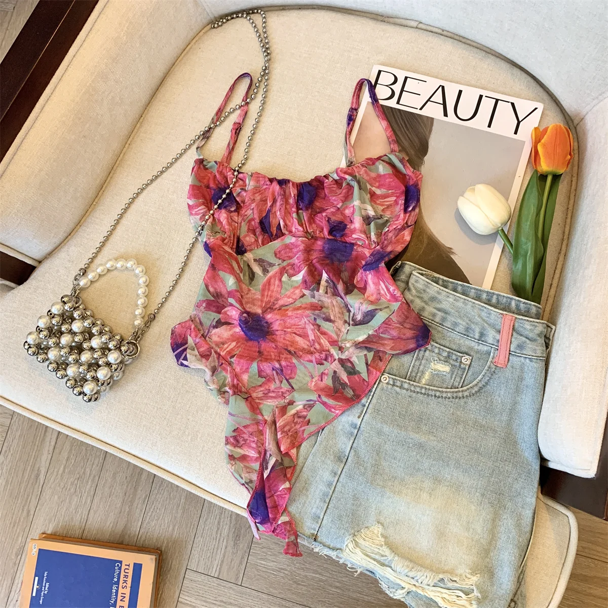 2026 جديد الصيف التعادل مصبوغ مطبوعة المرقعة الكشكشة غير النظامية سترة بلا أكمام شبكة عارية الذراعين سترة الحمالة