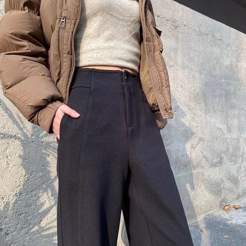 Coreano outono inverno novo engrossar banana foice pant feminino sólido bolsos com zíper cintura alta moda reta calças de perna larga