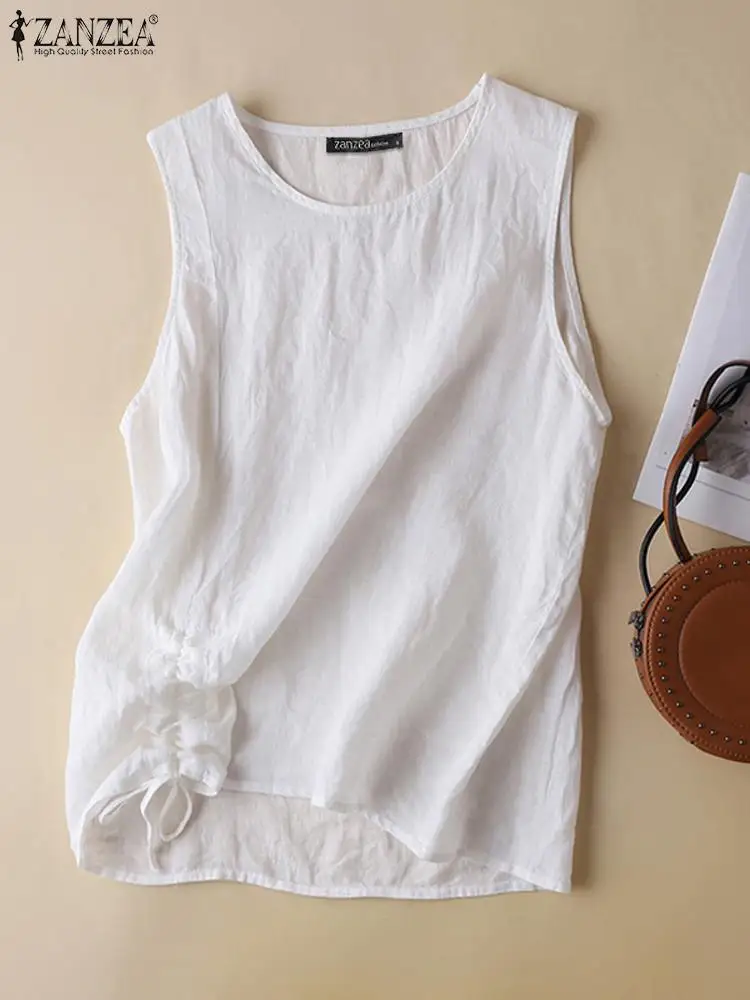 ZANZEA Cotton Drawstring Hem Tanks Tops Stylish 2024 Summer Casual Loose O Neck Ruched Camis Daily Solid Women Sleeveless Tees