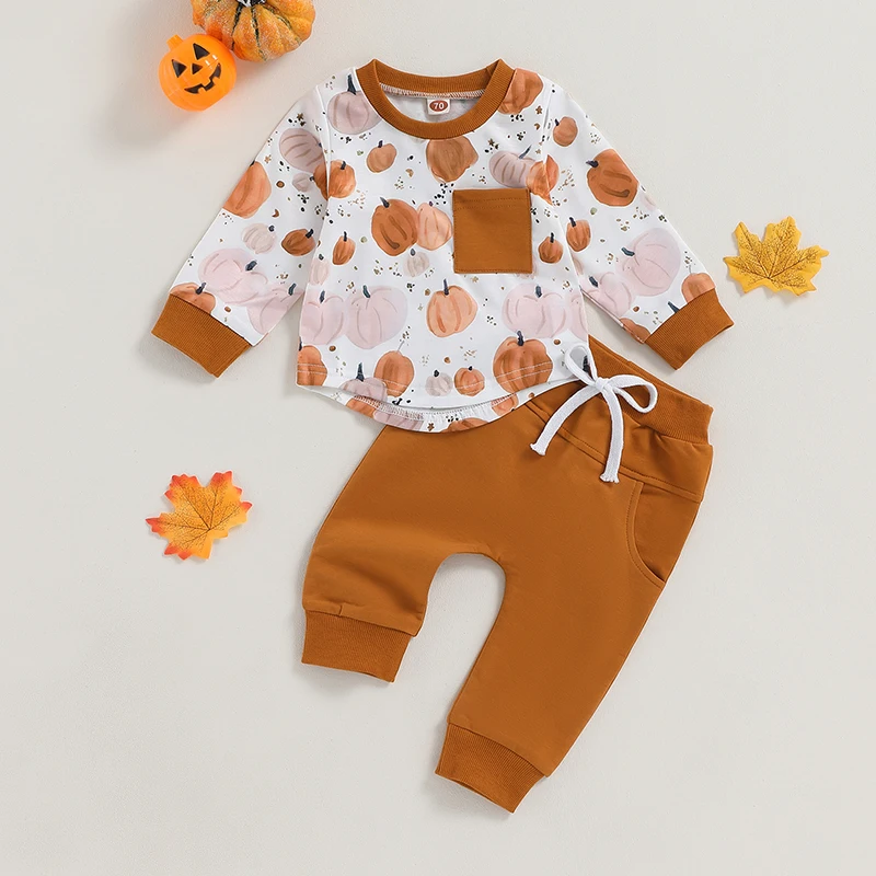 Infant Halloween Costume Set with Long Sleeve Pumpkin Print Top and Pants for Toddler Boys Fall Clothing Collection