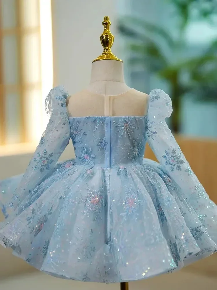 Custom Luxury Dress Flower Girl Wedding Pageant Pale Blue Long Sleeve Bow Snowflake Tulle Kid Luxe Birthday Guest Formal Gown