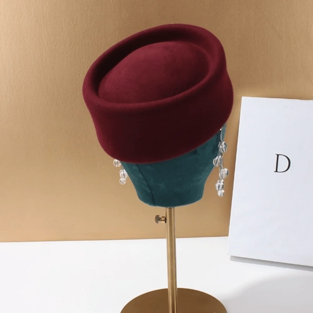 

New Hard Top Wool Felt Berets Concave Top British Retro Vintage Fedoras Hats Pillbox Cap Formal Events