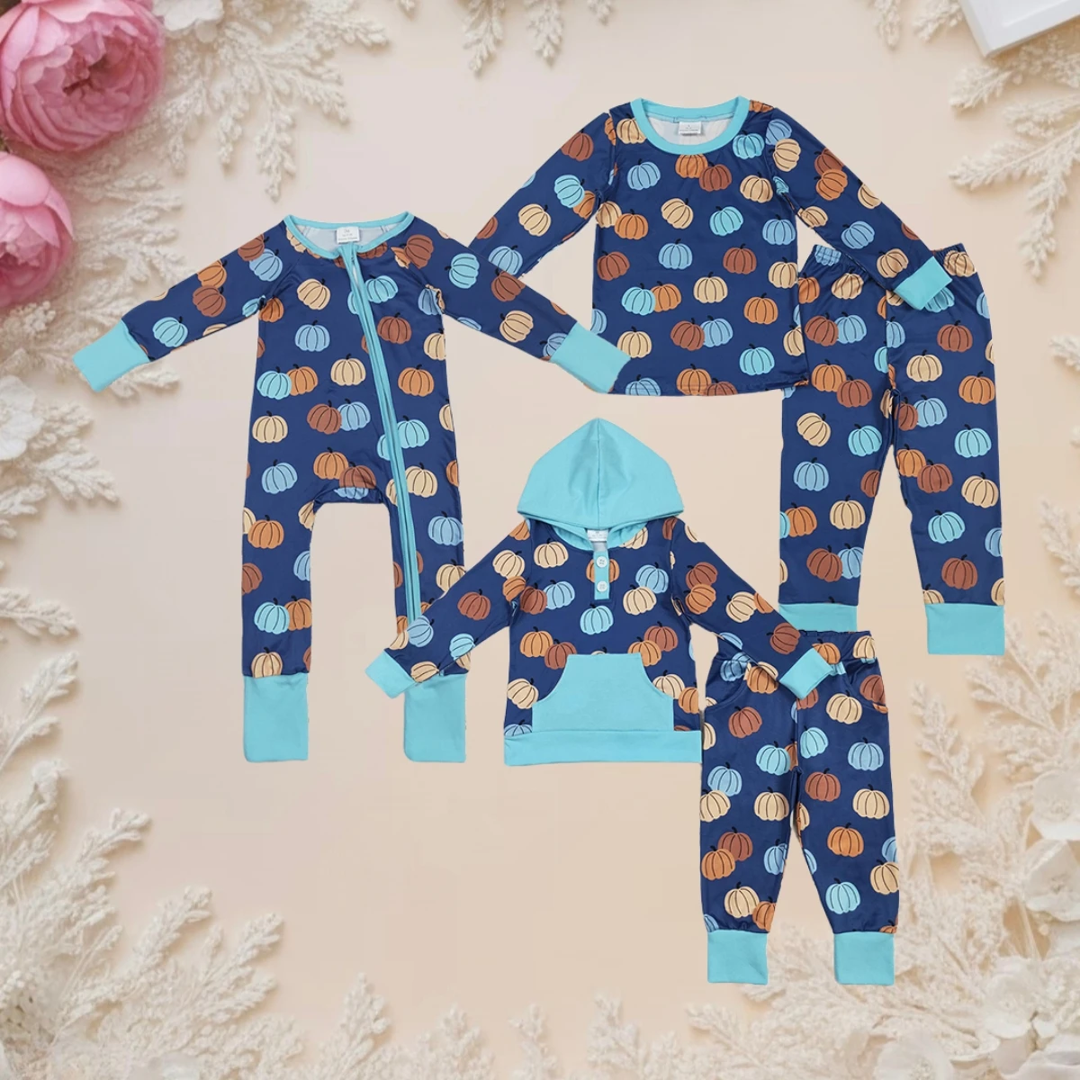 

Kids Clothing Sibling Boys Hoodie Top Pant Fall Outfits Blue Pumpkins Pajamas Sets Clothes Boutique Infant Baby Zipper Romper