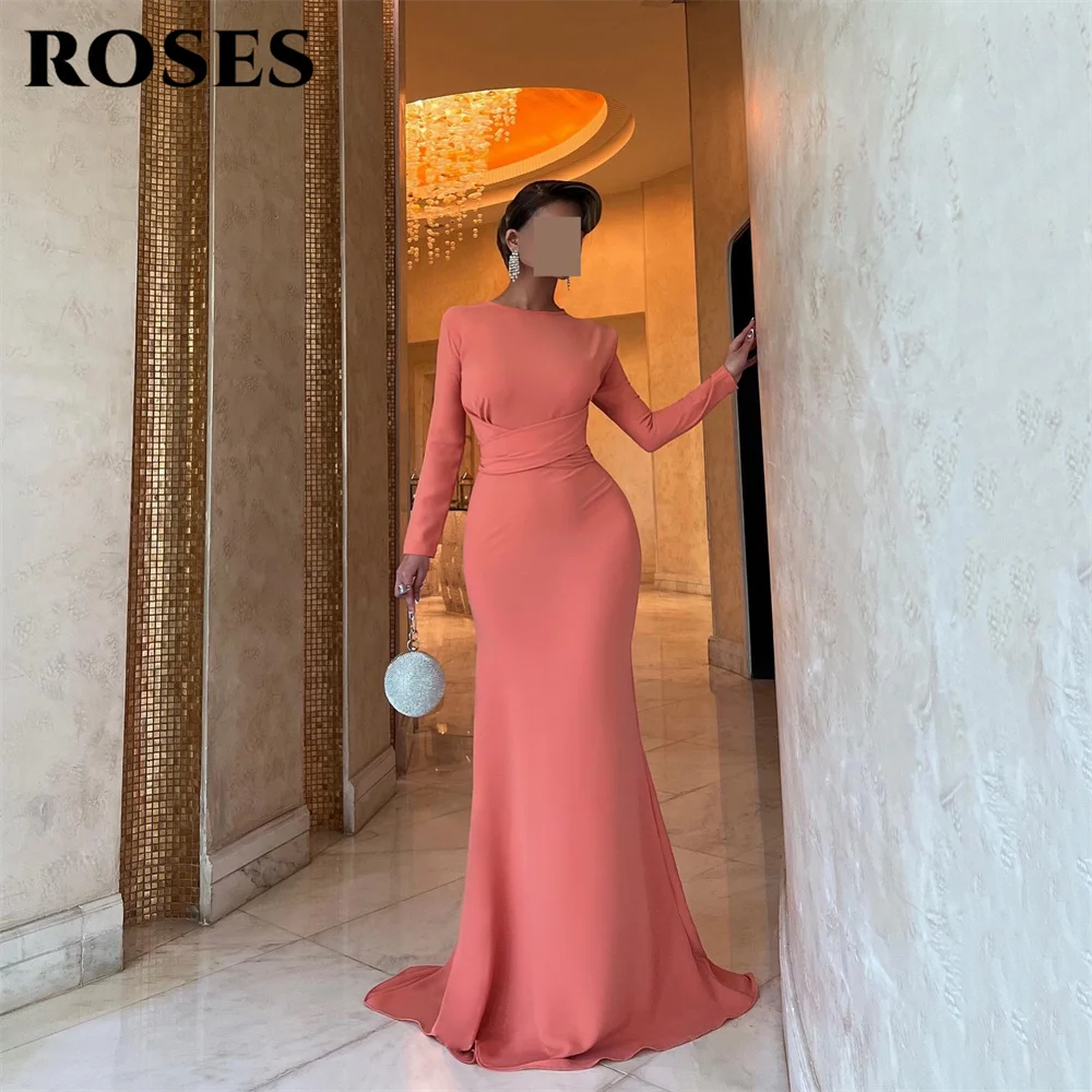 

ROSES Coral Party Dresses Long Sleeve Evening Dress Round Neck فساتين السهرة Ruched Waist Cocktail Dress Customized