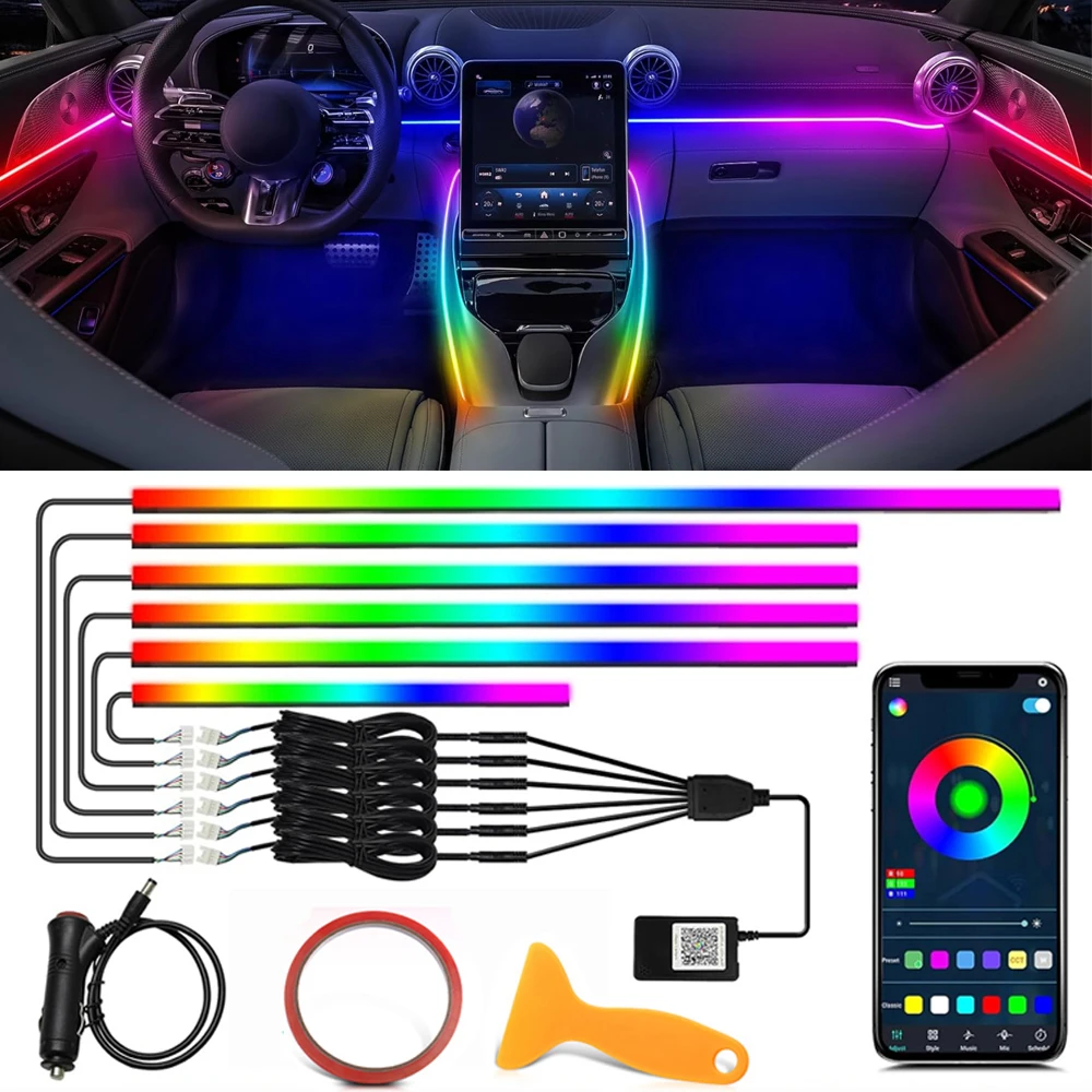 2/5/6 In 1 Car LED Ambient Lights Symphony Rainbow Interior RGB Neon Acrylic Strip Kit USB Atmosphere Lighting With APP Control