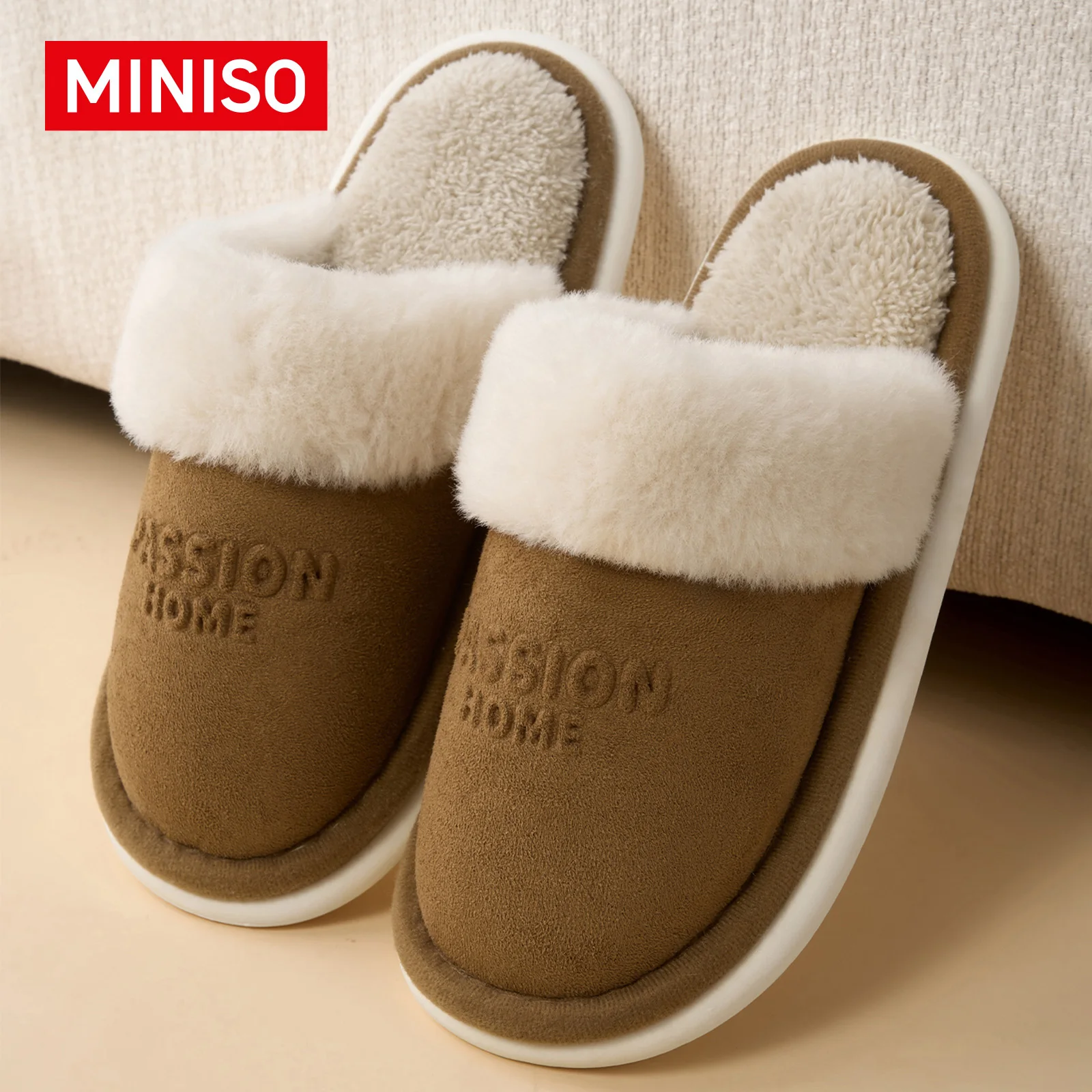 MINISO Women Suede Slippers Faux Shearling Fuzzy House Shoes Warm Plush Lined Frayed Edge Bedroom Slippers Winter Home Shoes