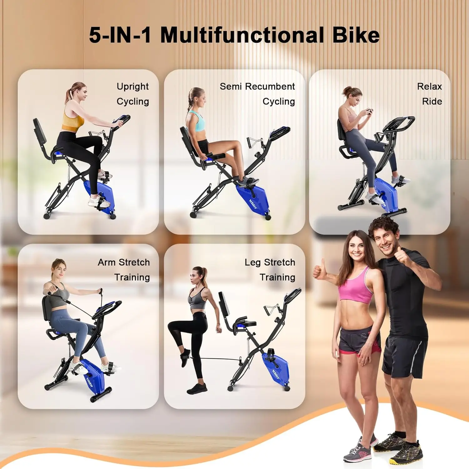 5 IN 1 Stationary Bike for Home / 16-Level Adjustable Resistance Full Body Workout Indoor Foldable Cycling Bike