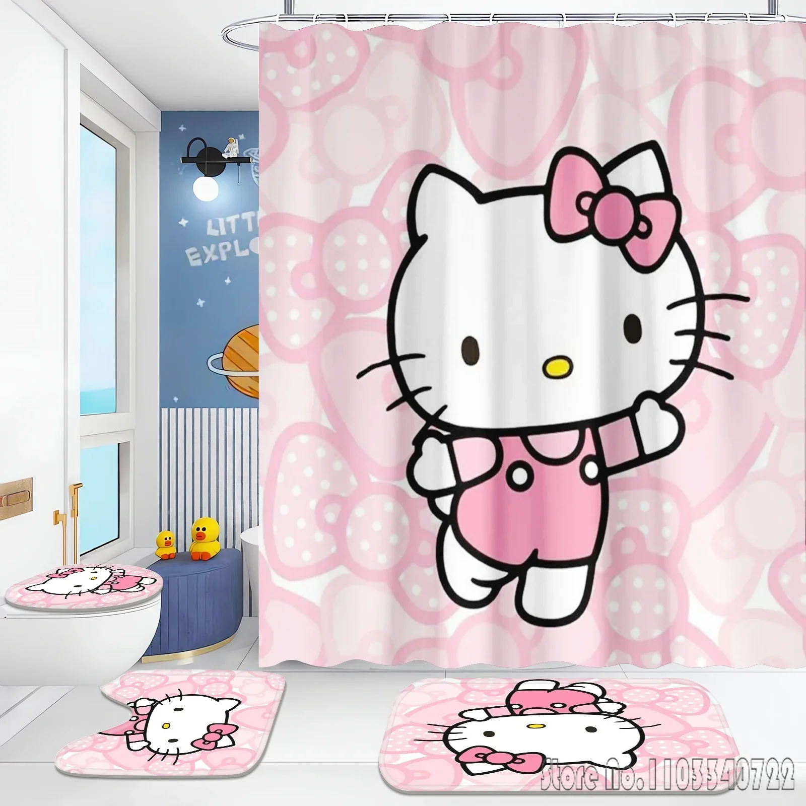 Hello Kitty  Bathroom Accessories Shower Curtain Curtains Sets Luxury 4 Piece Set Mats And Bath Waterproof Anime Home Decor