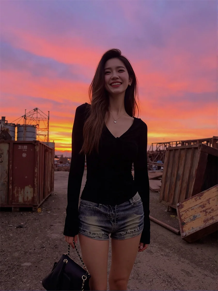 Langarm-T-Shirts für Damen, Baumwolle, V-Ausschnitt, Kordelzug, schmal, elegant, Damenbekleidung, 2022, Trend, Sommer, Reisen, Design, Mode, OL