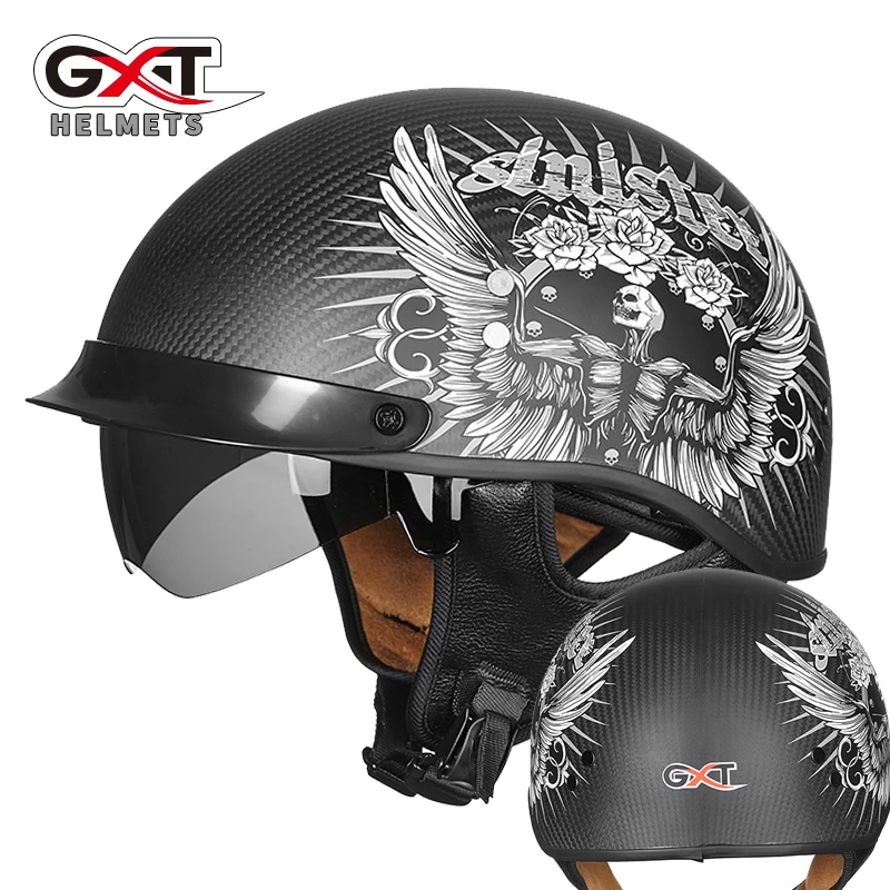 Four Season Motorcycle Scooter Helmet GXT Carbon Fiber Motorbike Motocross Half Face Helmets Dark visor washable lining