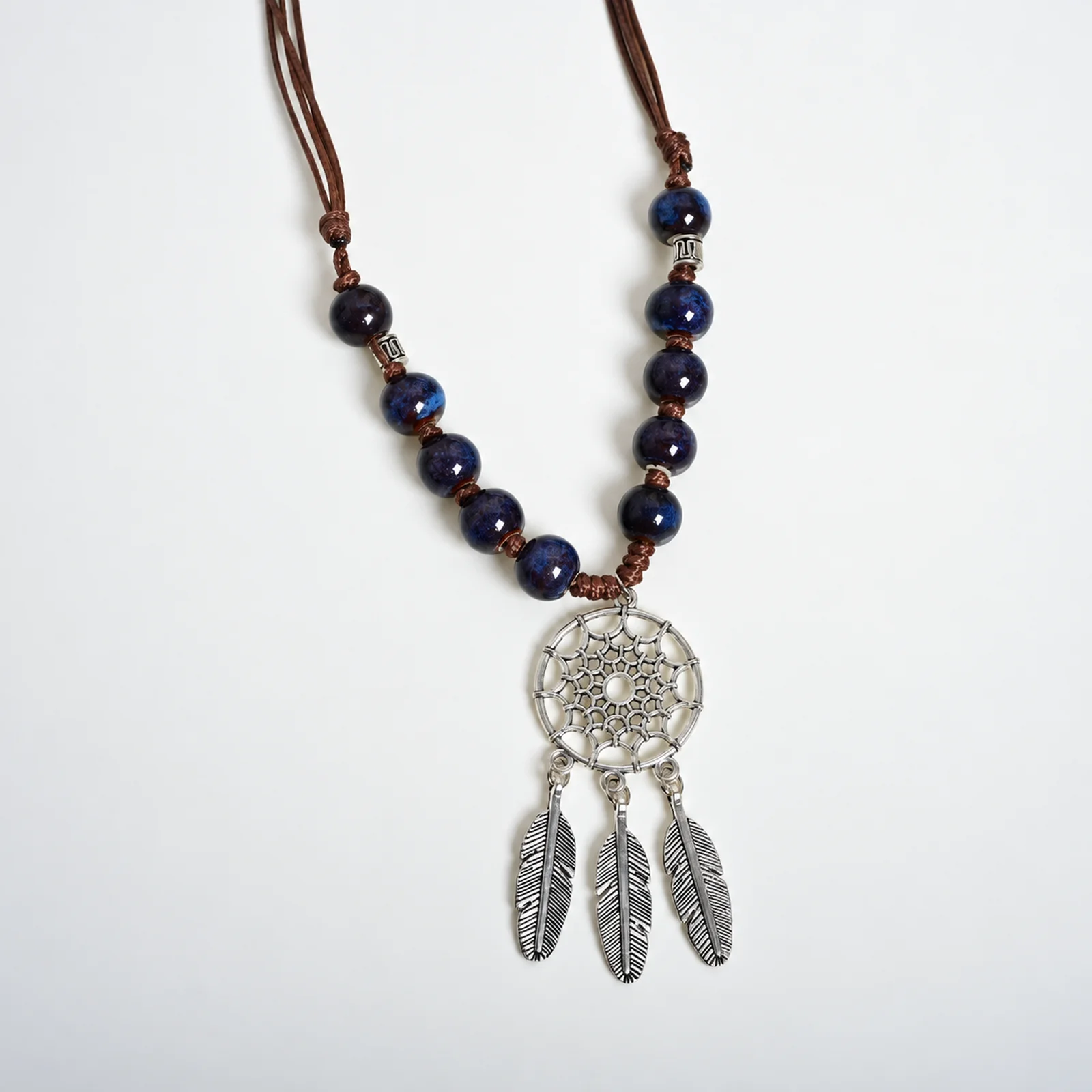 Handmade Ceramic Dreamcatcher Necklace Adjustable Waxed Cord Alloy Feather Net Pendant Handwoven Jewelry 609P5-08