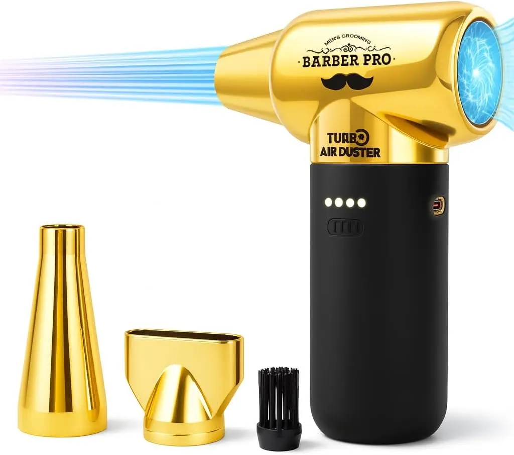 

Electric Air Duster - 3-Speed Cordless Blower for PC, Keyboard, Car & Salon Cleaning, Portable Black Gold