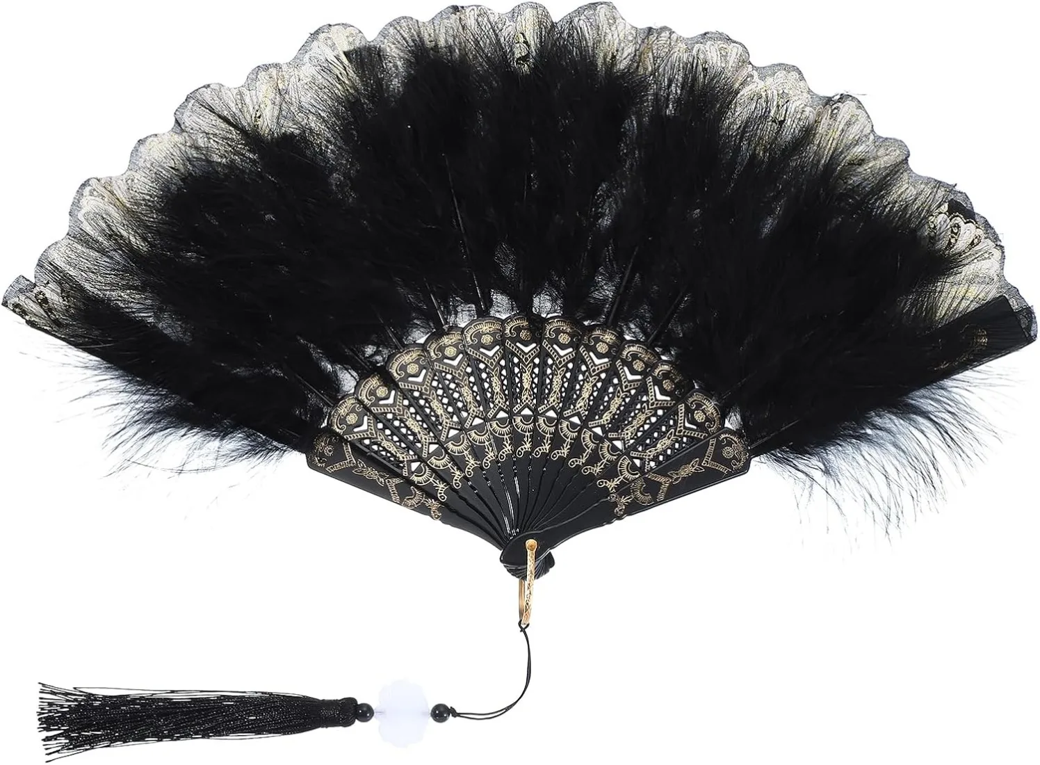 Marabou Turkey Feather Fan, Embroidered Flower Vintage Folding Flapper Fan for Costume Party, Dance, Wedding & Tea Decoration