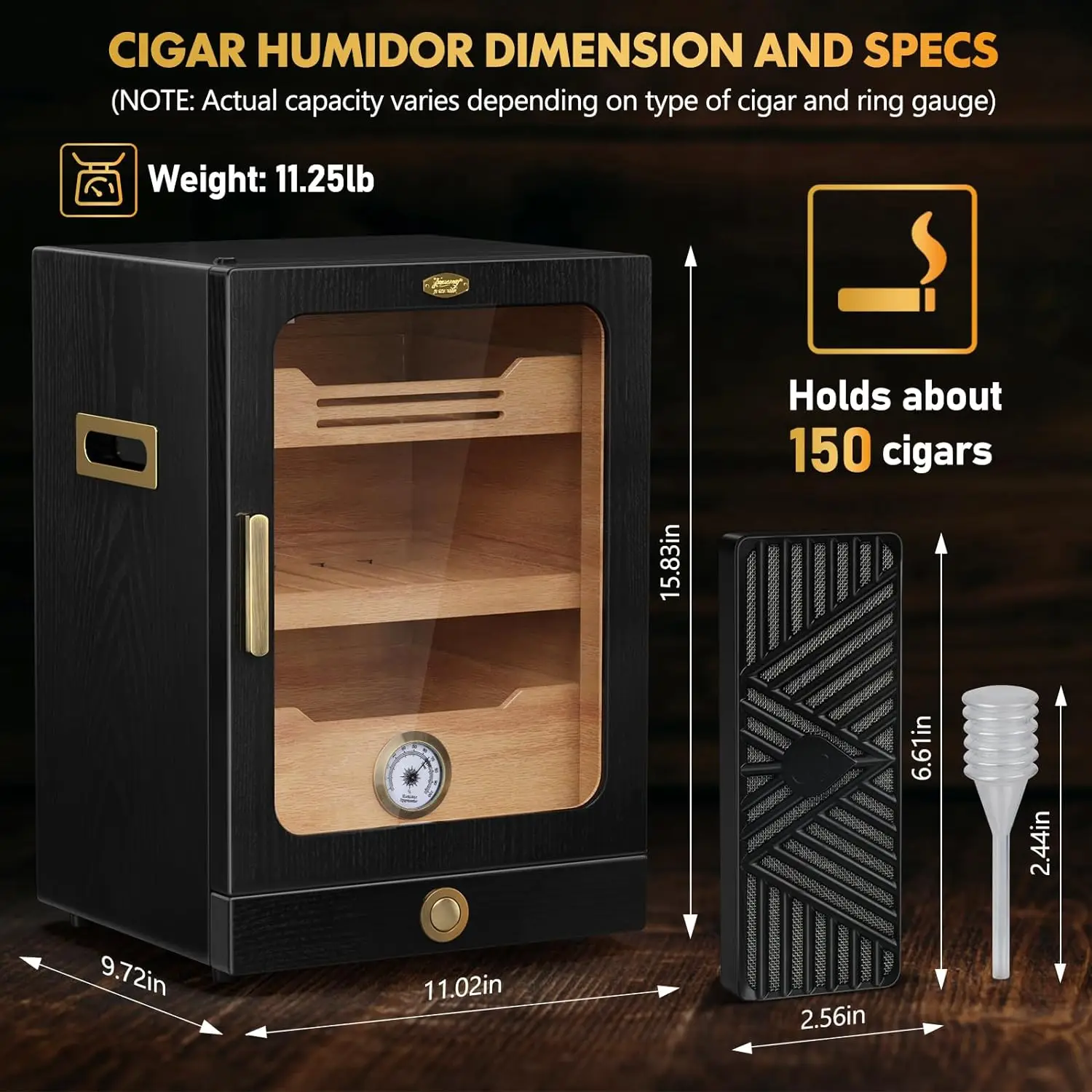 Desktop Cigar Humidor Cabinet, Light Control, Cedar Wood Shelves, Hygrometer, Humidifiers, Cigar Accessories Drawer