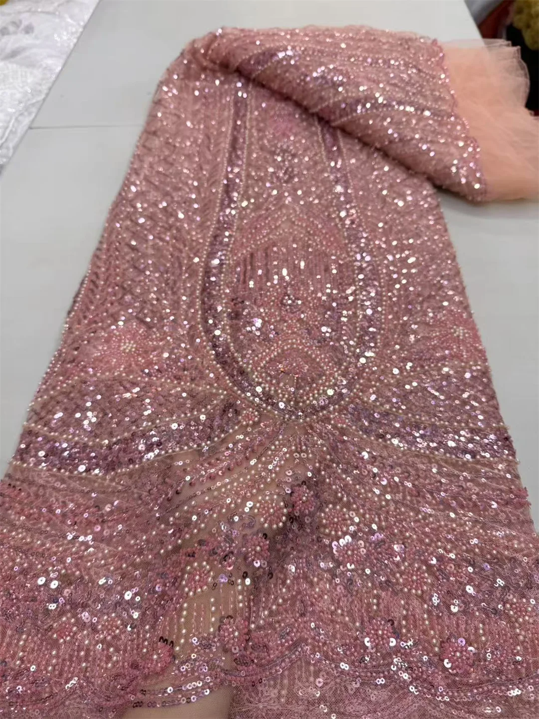 

Luxury African Lace Fabric 2025 High Quality Sequins Beads Lace Fabrics For Nigerian Wedding French Tulle Lace Fabric