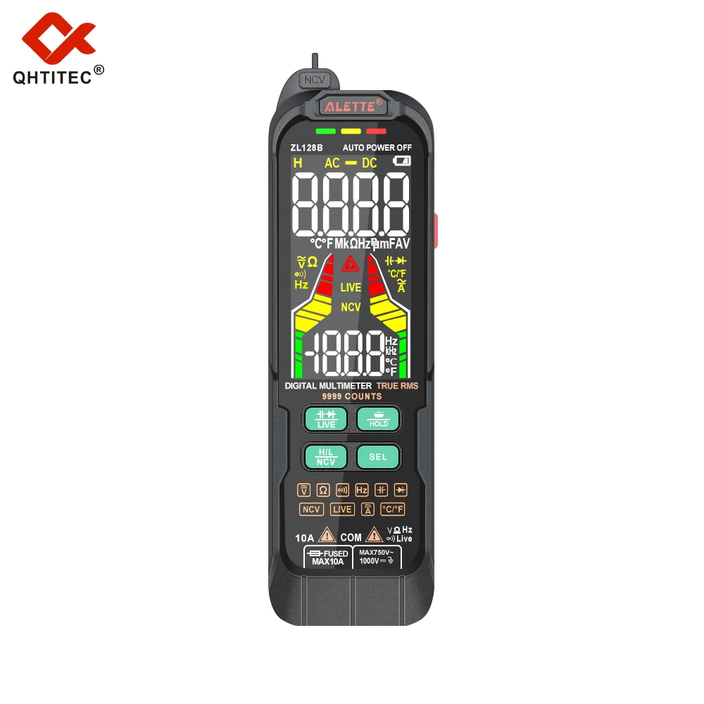 

QHTITEC Digital Professional Multimeter 9999 T-RMS LCD Multimeter DC AC Current Voltage Tester Capacitance Diode USB Tester