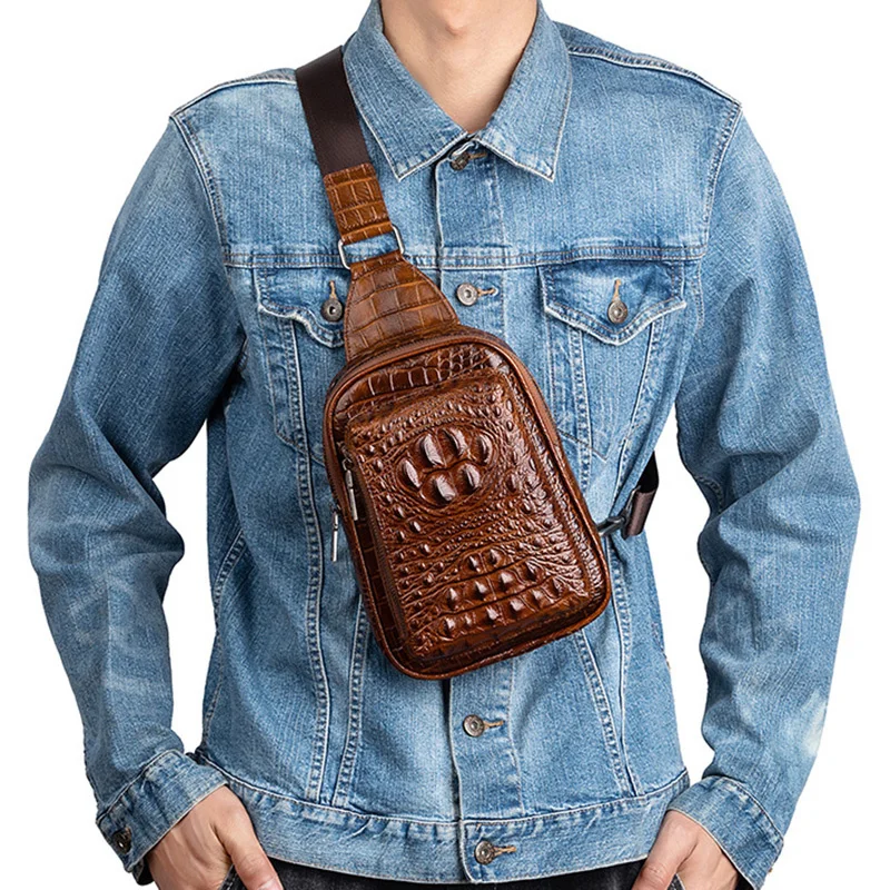 Men Genuine Leather Messenger Chest Bag Rucksack Shoulder Crocodile Grain Male Natural Skin Travel Single Knapsack Backpack