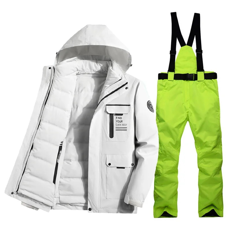 Ski Suit Men Winter Warm Down Ski Jackets And Strap Pants Windproof Waterproof Skiing Snowboard Jacket Men Outdoor Snow Costumes