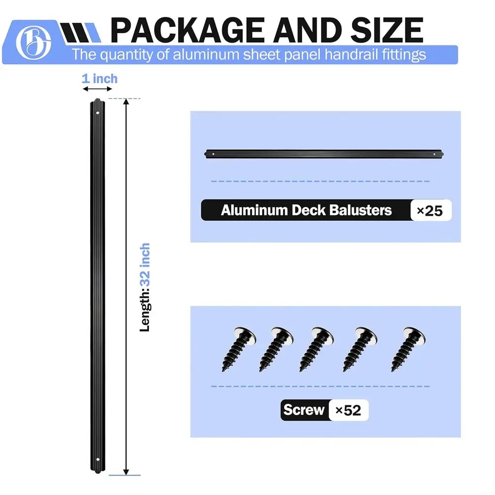 32 Black Aluminum Balusters, Deck Railing Spindles with Screws, Outdoor Staircase Porch Railing Accessories