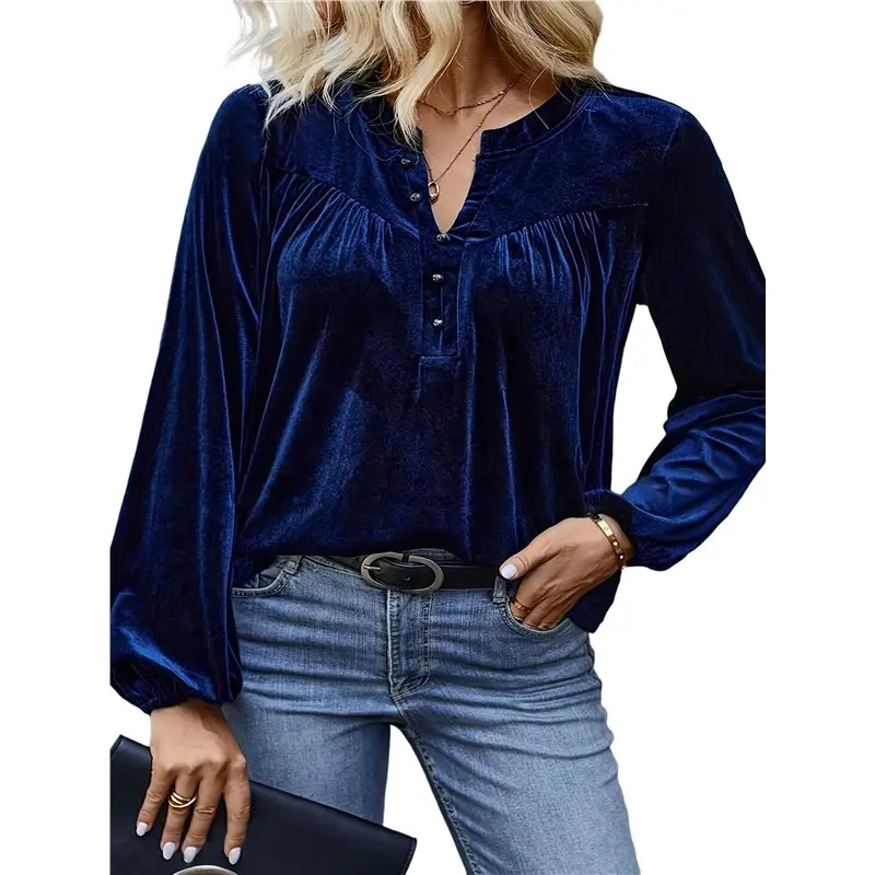 ABRT-Womens V Neck Velvet Tops Vintage Lantern Long Sleeve Button Pleated Elegant Casual Fall Velour Blouses