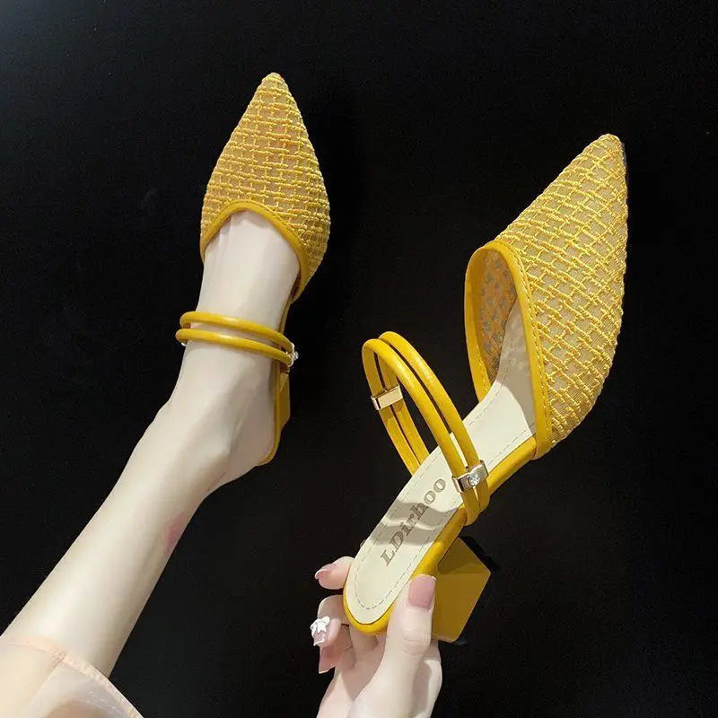 

Yellow Mules Sandals for Women Block Heel Pointed Toe Woman Shoes on Sale High Quality Summer Anti Slip Hot Casual Designer Pvc