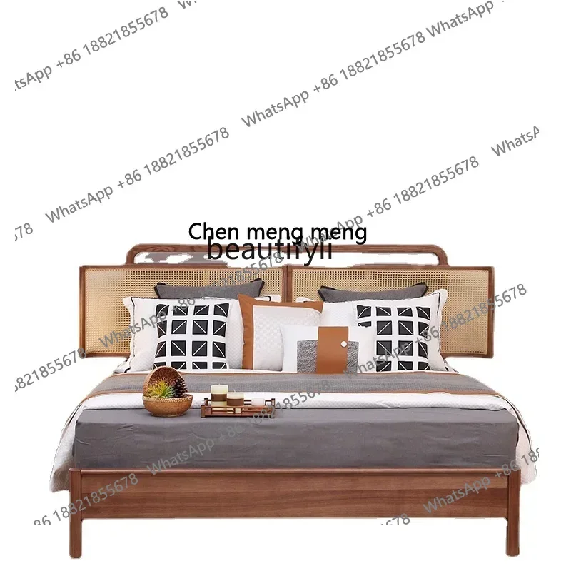 

P178 Скандинавская односпальная кровать из массива дерева, современный минималистичный белый воск из ротанга 1,5 м 1,8, двуспальная кровать для спальни B & B