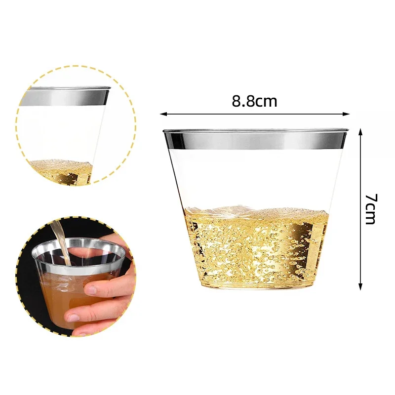 Plastic Champagne Flutes Gold Silver Rimmed Disposable Cup Clear Plastic Bubble Tea Cup for Weddings Party Christmas Supplies