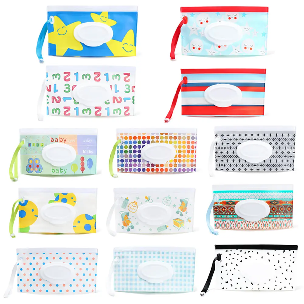 Cute EVA Baby Wet Wipe Pouch Wipes Holder Case Flip Cover Snap-Strap Reusable Refillable Wet Wipe Bag Outdoor Home Tissue Box