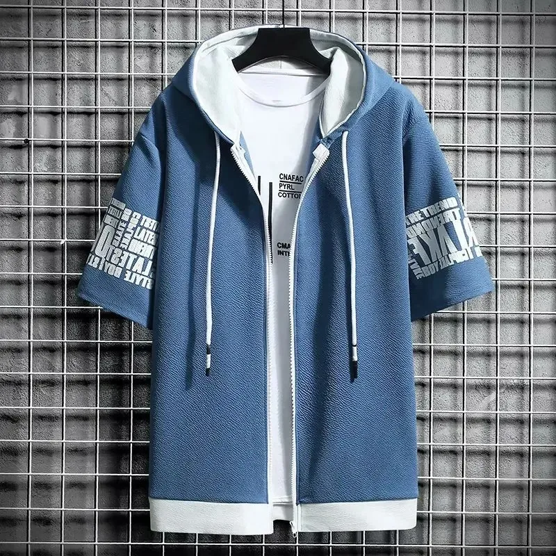 Fashion Men\'s Hoodies Summer Men Clothing T-shirt Zipper Hood Cartoon Casual T Shirt Print Hooded Top Short Sleeve Men