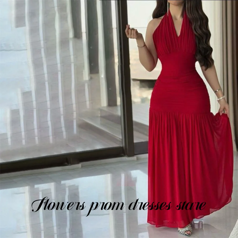 

Flowers Red Evening Dress Halter Neck Sleeveless Party Dresses A Line Chiffon vestidos de fiesta Simple Prom Gowns Customized