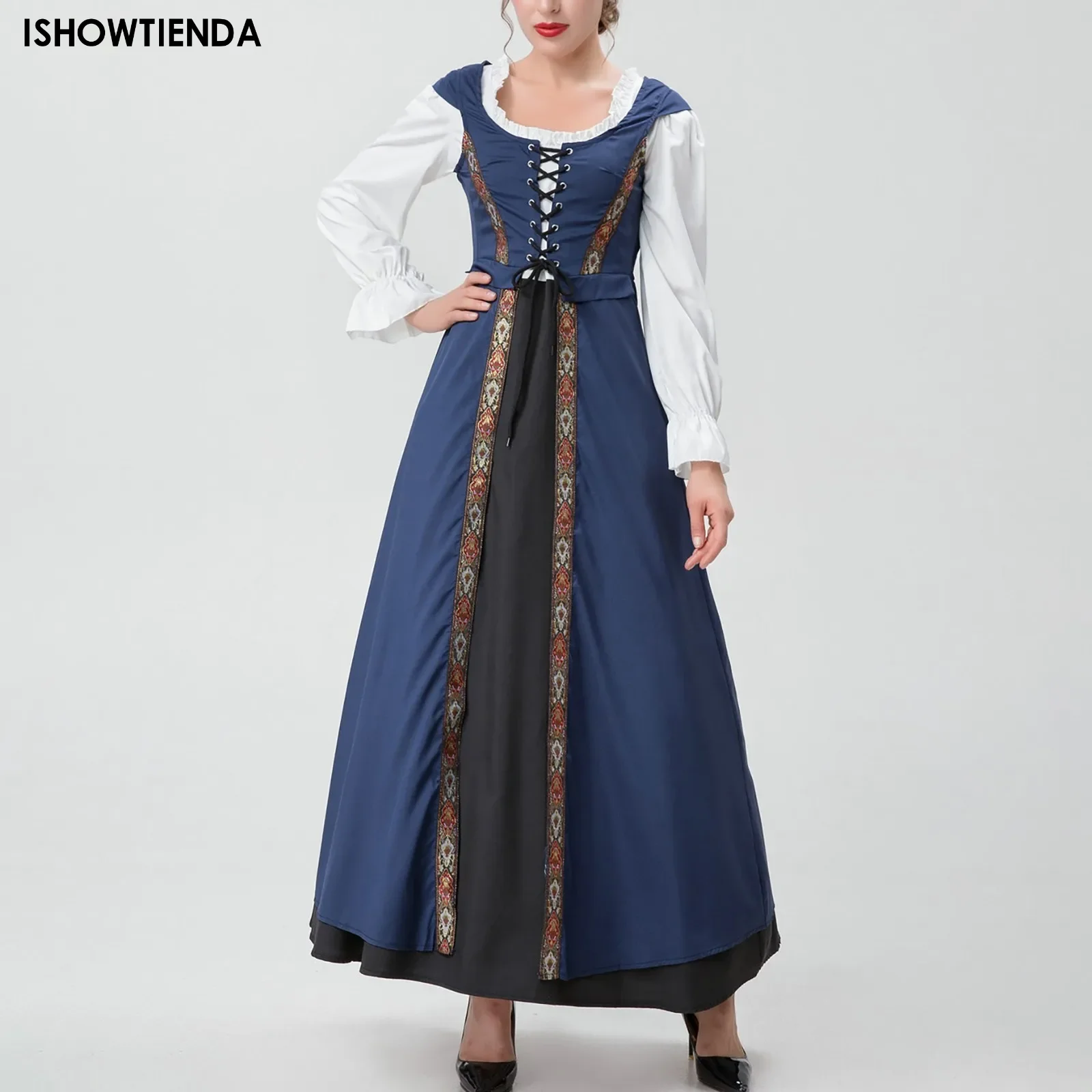 

Helloween Dress Medieval Retro Contrasting Slim Fitting Skirt With Long Sleeves Large Swing Skirt One Shoulder Dress Girl Costum