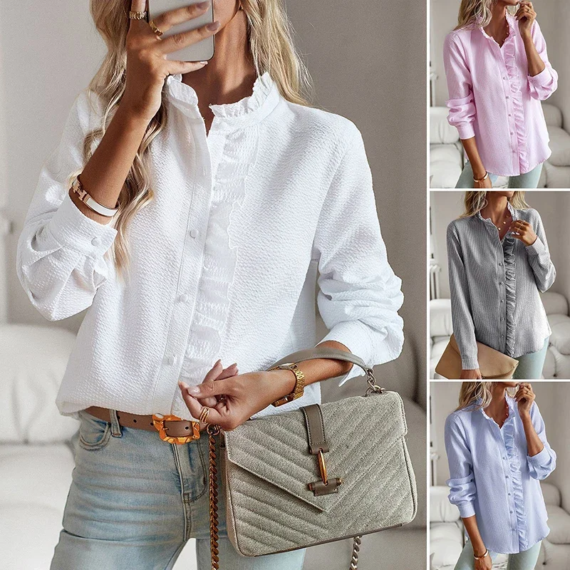 Blouse for Womens Elegant Office Long Sleeve Shirt Lapel Collar Ruffle Patchwork Single Breasted Buttons Lady Top Blouse Female