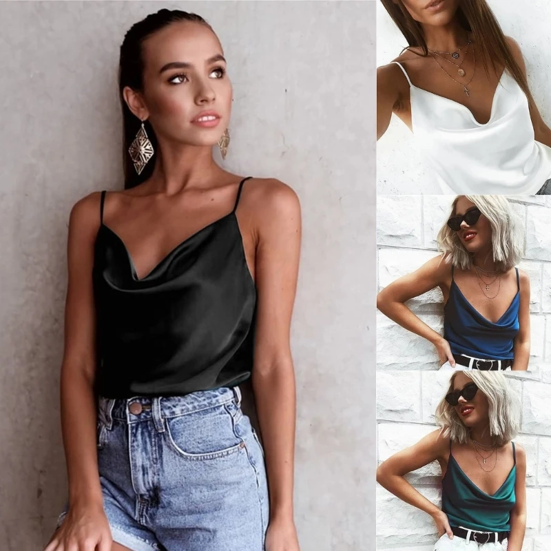 Womens Spaghetti Straps Cowl Neck Satin Camisole Sexy Backless Solid Color  Top Slip Vest Sleeveless Loose Drop Shipping