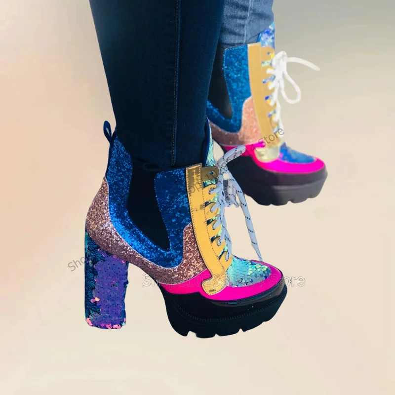 Colorful Sequins Patchwork Round Toe Platform Boots Cross Tied Women Shoes Chunky High Heels Fashion 2023 Zapatos Para Mujere