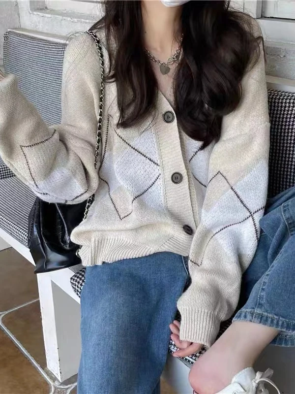 أوائل الخريف منقوشة متماسكة سترة معطف المرأة فضفاض الخامسne سترة طالب ملابس خارجية الرجعية كلية Sle طويلة Sve منتظم صالح #4