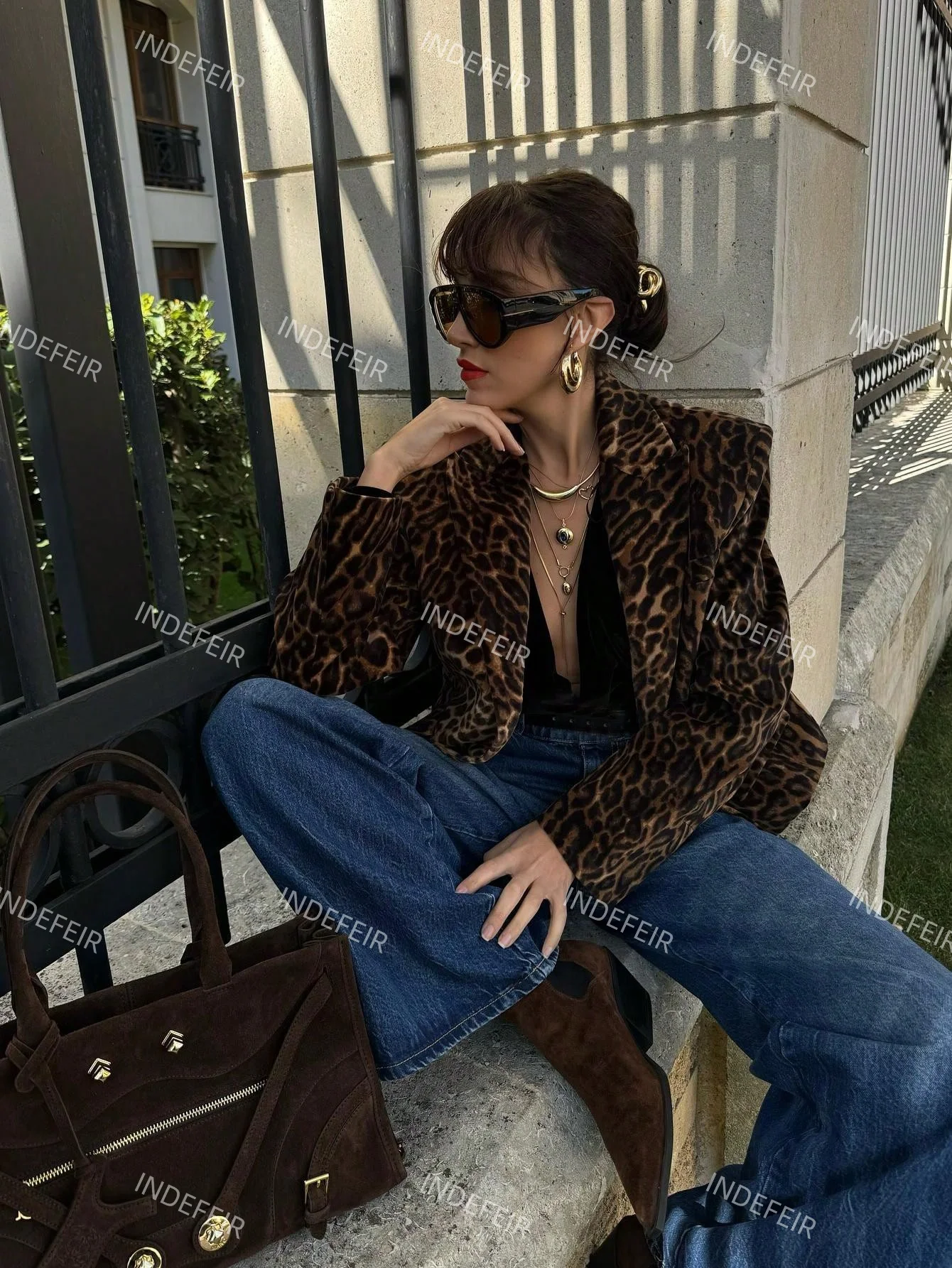 Indefeir Women's Spring New European and American Style Fashion Leopard Print Velvet Print Blazer