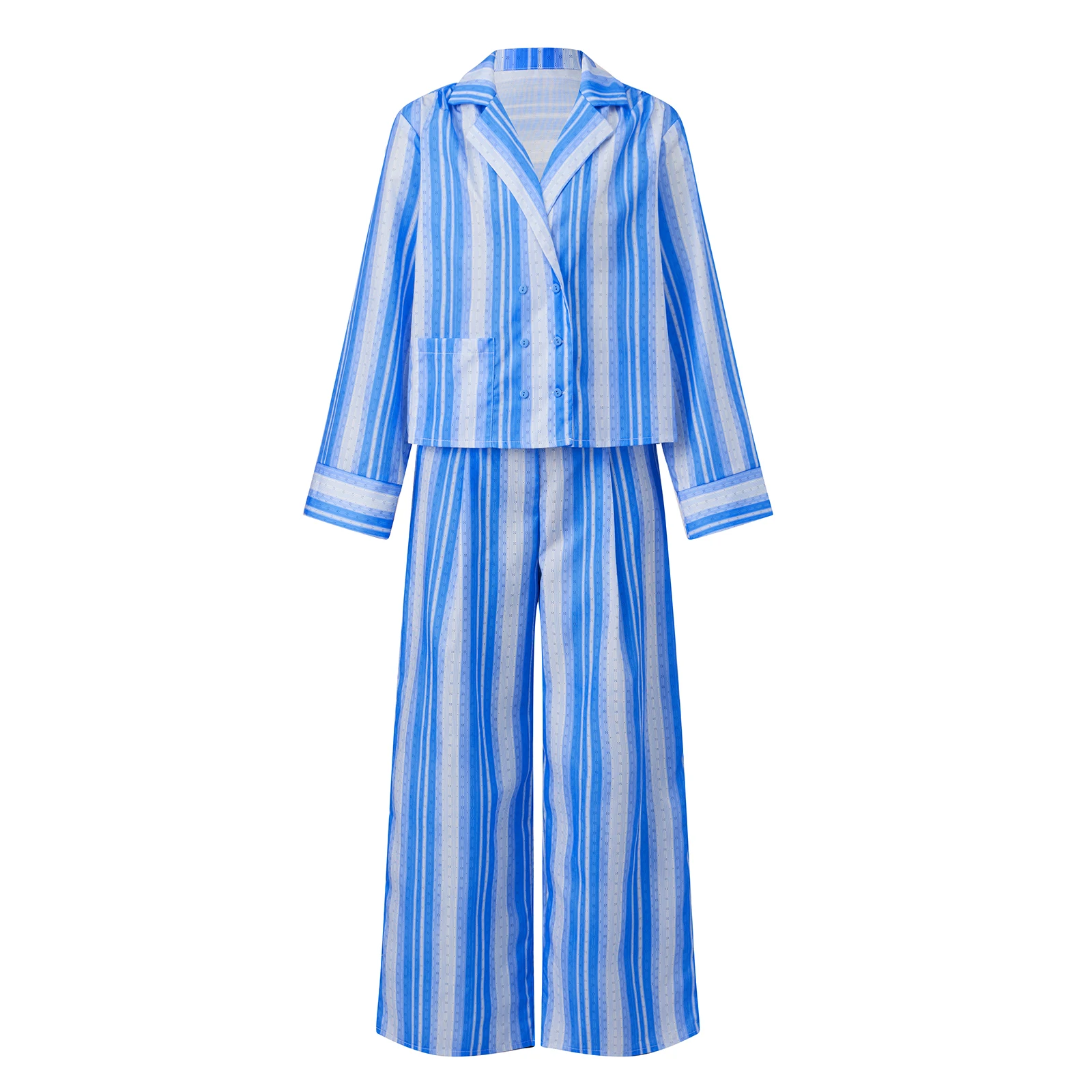Damski zestaw piżamowy w paski, 2-częściowy, koszula z długim rękawem, zapinana na guziki, z kołnierzykiem i spodnie, wygodna odzież do spania i wypoczynku w domu.