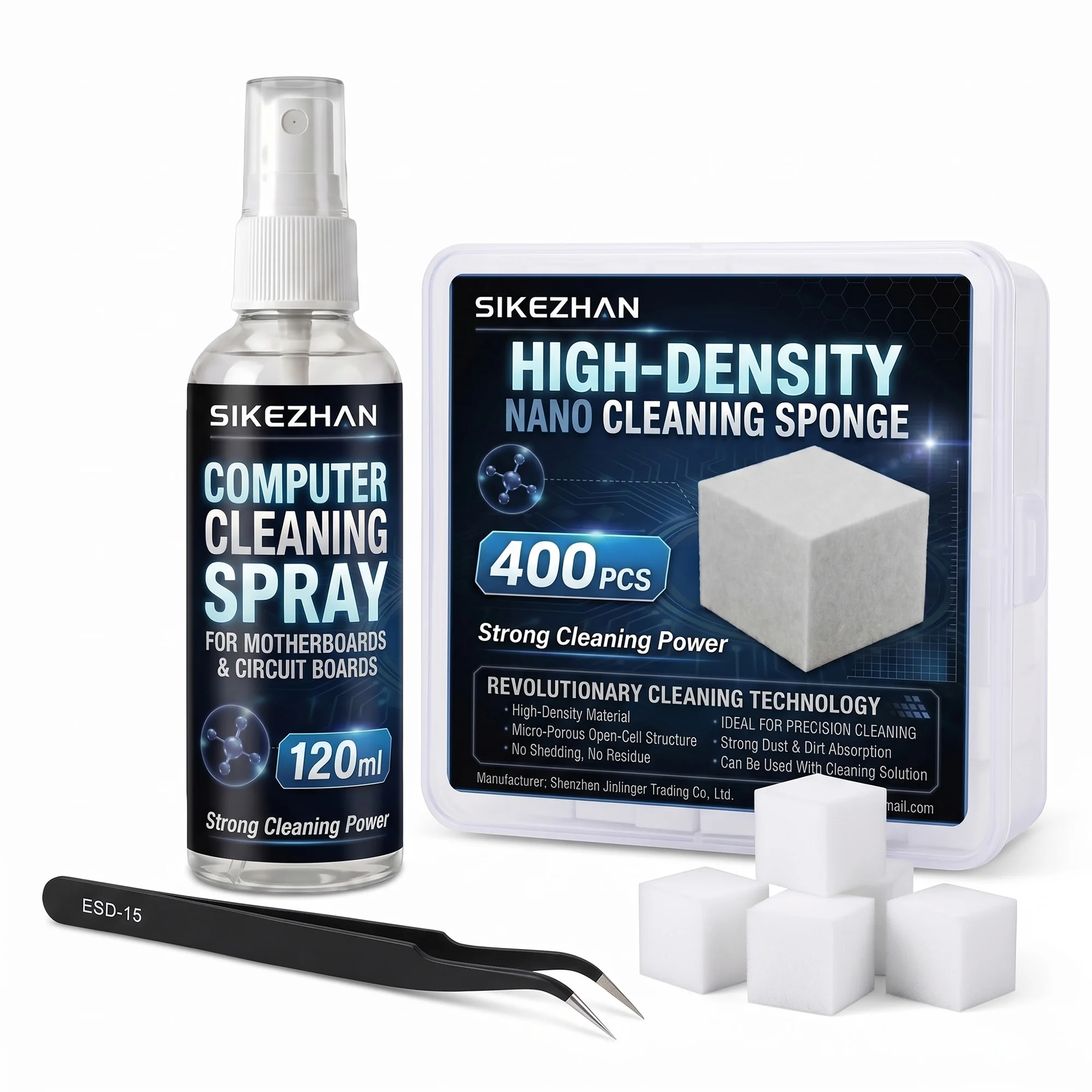 PC Motherboard Cleaning Kit with 120ml Spray & Nano Sponge Cubes, ESD Tweezers Electronic Repair Set for CPU Circuit Board