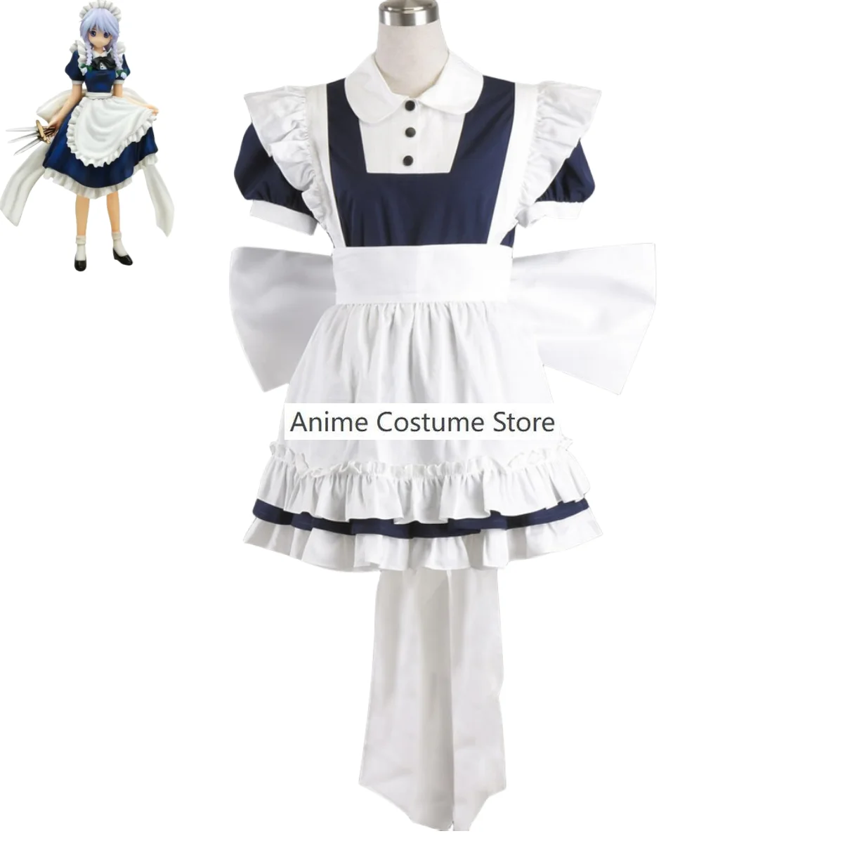 Anime TouHou Izayoi Sakuya Cosplay Fantasia com Peruca, Traje de empregada, Vestido Lolita, Vestido feminino, Sexy, Kawaii, Fato de festa de aniversário