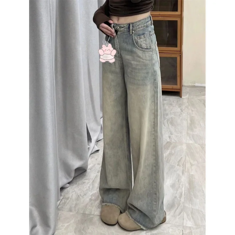 

Y2K женские синие джинсы на пуговицах с застежкой-молнией и пряжкой на поясе, брюки с регулируемым поясом, джинсовая модная женская одежда