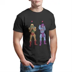 Camiseta masculina vintage designer de anime, ele-homem e esqueleto aconchega-se, quebrar algodão, mestres do universo, plus size