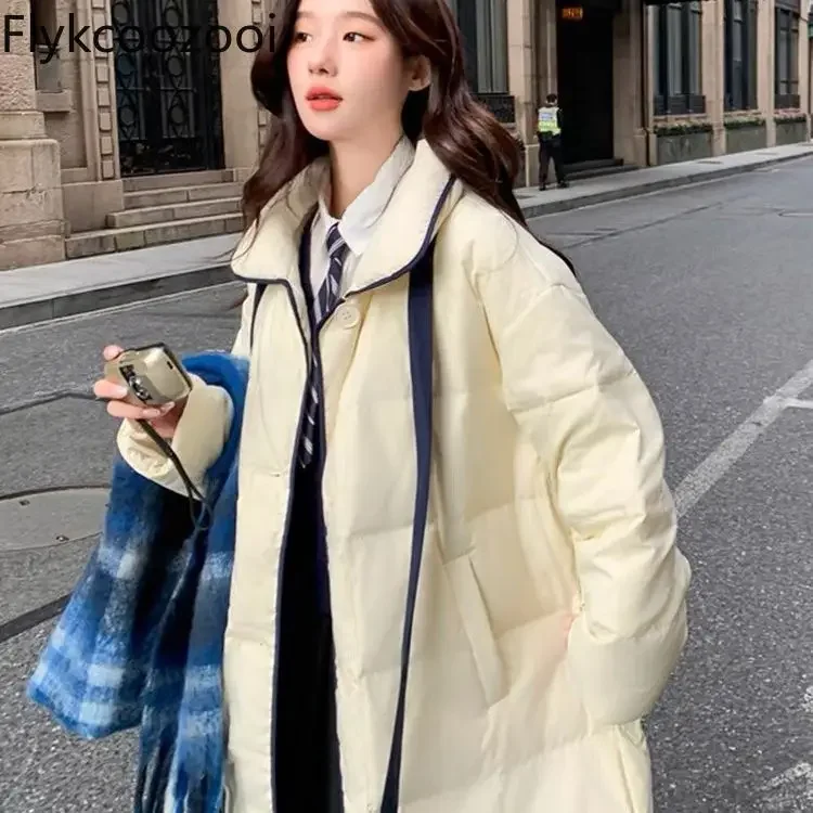 White Down Jacket for Women 2024 Winter New Korean Style Sweet Thickened Mid-length White Duck Chaqueta Con Capucha Mujer