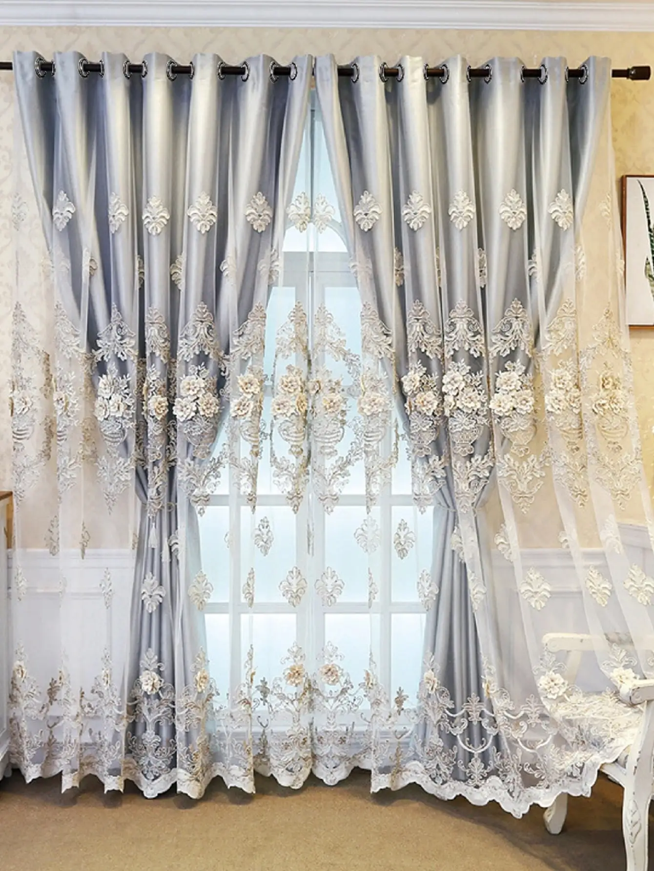 

European and American Style Three Flower Embroidered Grey Fabric Integrated Curtain 1pc High-precision Embroidered Curtain