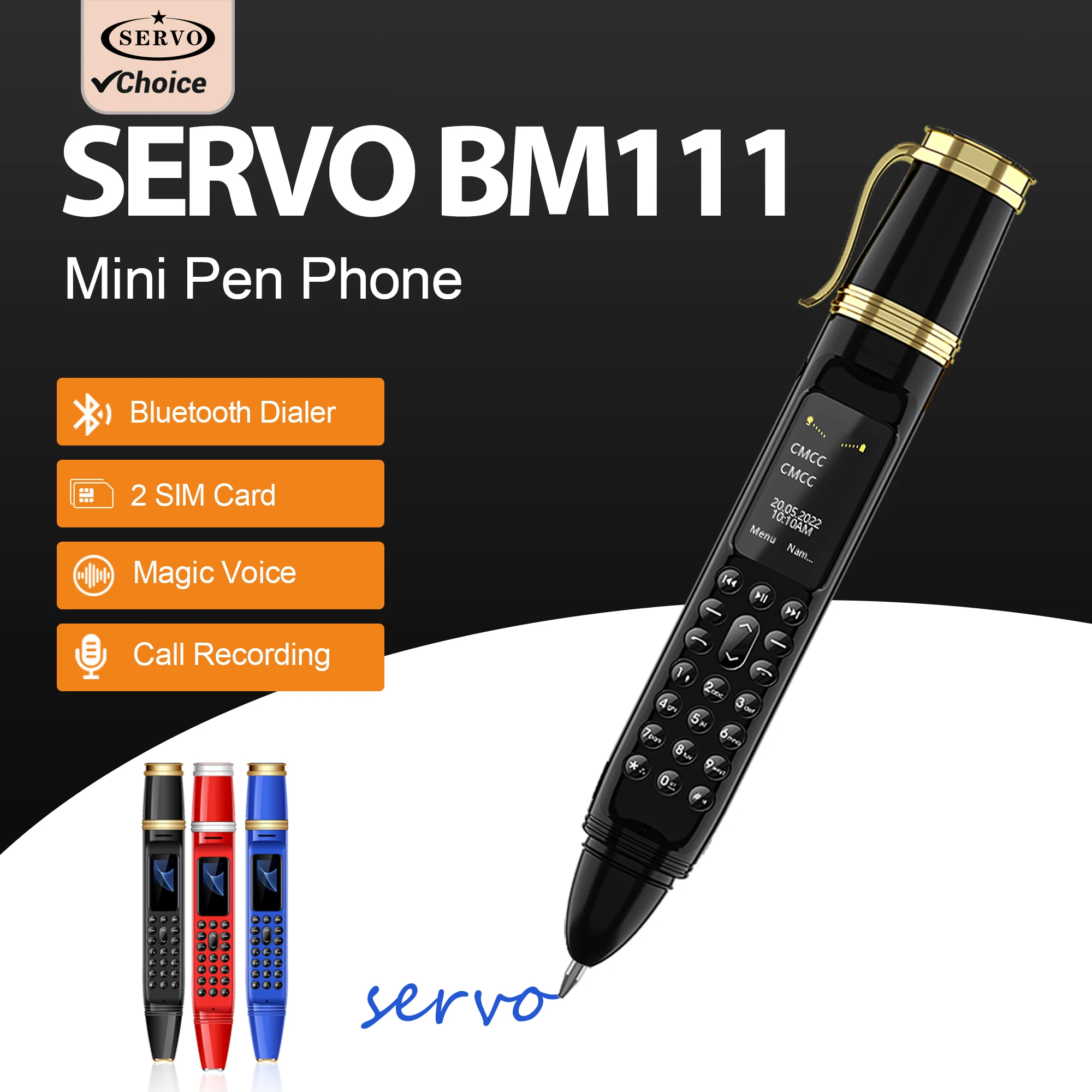 SERVO BM111 Pen Style Mini Mobile Phone  Fan 2 SIM Card Magic Voice FM Radio Bluetooth Dial 2G GSM Pen Fan Portable Phone Alarm