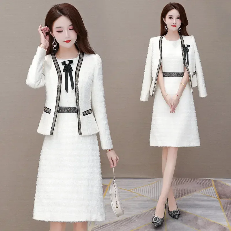 

Elegant Dress Suits Women Jacket + Sleeveless Dress White Office Lady Two Piece Set Suit Female Fashion 2024 4XL J324