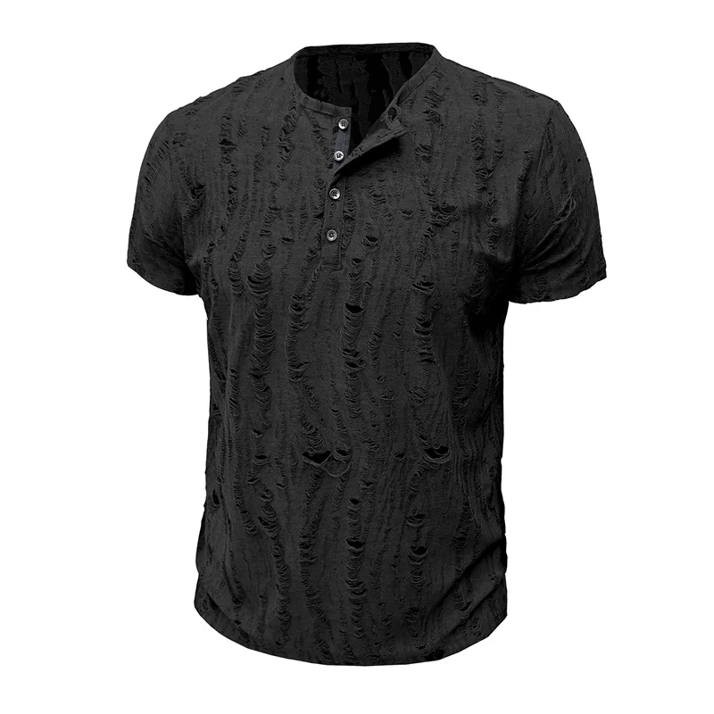 Men s  Fit Short Sleeve T-Shirts with Ripped Detailing Round Neckline Button Accents and Casual Summer Fashion Tops