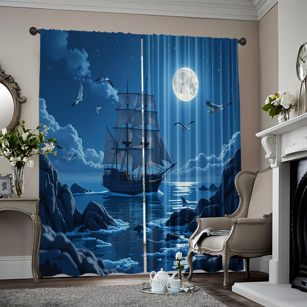 2 Panels Moonlight Boat Night Scene Curtains Art Window Decor for Family Gathering Party Celebration Home Decorative Drapery